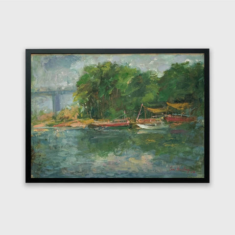 Oil painting of boats in an idyllic afternoon at Changi Point by Singapore artist Low Hai Hong.