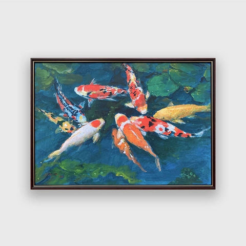Auspicious Koi Painting is a fenghshui painting of nine koi fish in a lotus pond.