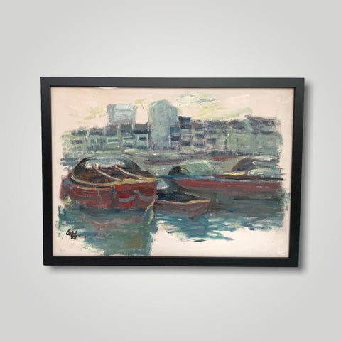 Oil painting of bum boats on the Singapore River by Singapore artist Low Hai Hong                 .