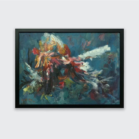 This is an oil painting of fighting cocks by Singapore artist Low Hai Hong.