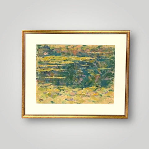 Oil painting of a lotus pond with lotus leaves and some flowers