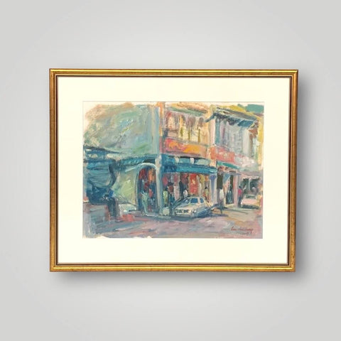 Oil painting of a row of shophouses in Penang in pastel colours 