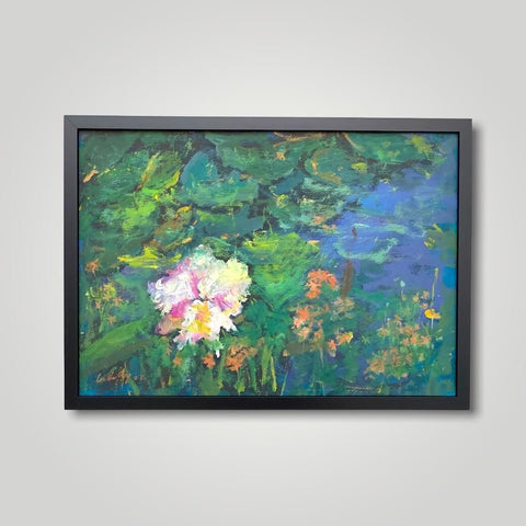 Oil painting of a white flower in a lotus pond by Singapore artist Low Hai Hong.