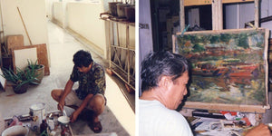 Our artist Low Hai Hong is a Singapore artist. ARTualize is the only art gallery in Singapore that represents him and his works.  A collage of two photos, one shows Low Hai Hong mixing paint outside his HDB flat and the other shows him painting in his HDB