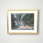 Pastel painting of a street lined with green trees and a lone car.