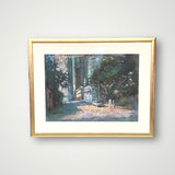 Pastel painting of a street lined with green trees and a lone car.