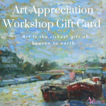 Art appreciation workshop gift card poster against a background of a painting of boats on the river seine