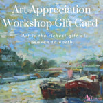 Art appreciation workshop gift card poster against a background of a painting of boats on the river seine