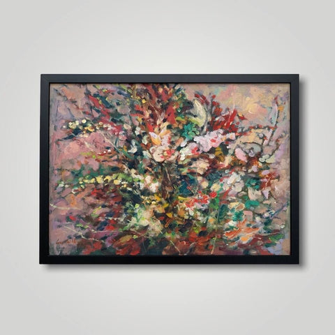 Bountiful is an oil painting of colourful flowers by Singapore artist Low Hai Hong.