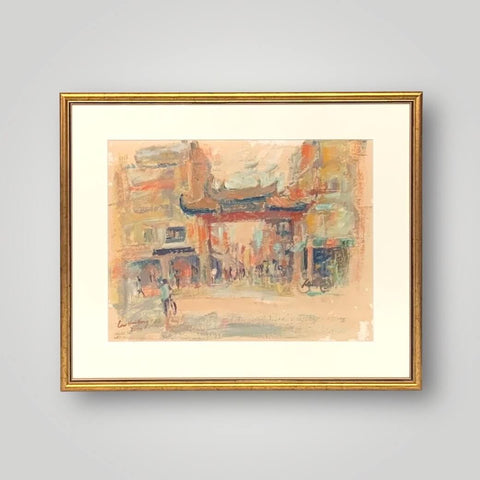 Oil painting of the ChengHuangMiao in Shanghai with vintage colours and a man on a bicycle.