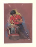 Pastel painting of a drummer of a lion dance troupe.