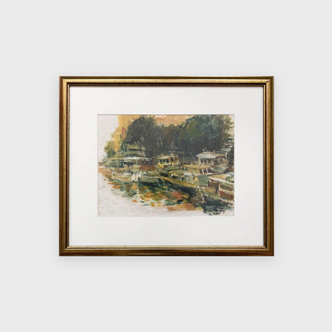 Oil on paper painting in the impressionist style of boats on the river in the evening by Singapore artist Low Hai Hong.