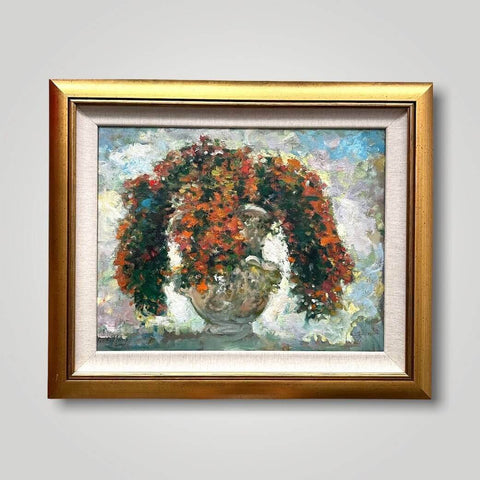 Flowers in a white vase is a still life painting by Singapore artist Low Hai Hong.