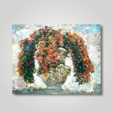 Three stalks of red flowers flowing on the front, left and right of a white vase by Singapore artist Low Hai Hong.