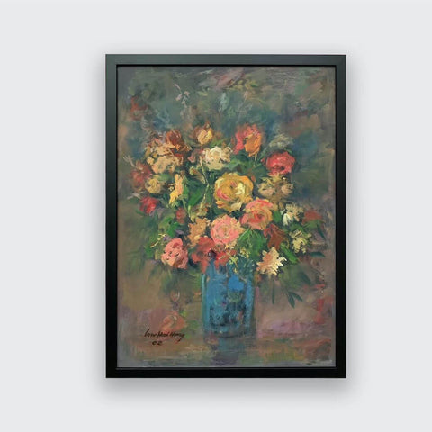 Still life oil painting of flowers in a blue vase by Singapore artist Low Hai Hong.