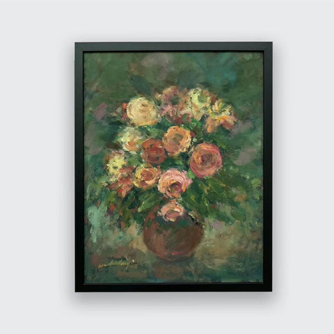 Still life oil painting of flowers in a red vase by Singapore artist Low Hai Hong