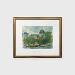 Oil on paper painting by Singapore artist Low Hai Hong of a beautiful day in Paris with boats and rivers.