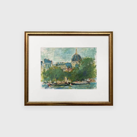 Oil on paper painting by Singapore artist Low Hai Hong of a beautiful day in Paris with boats and rivers.
