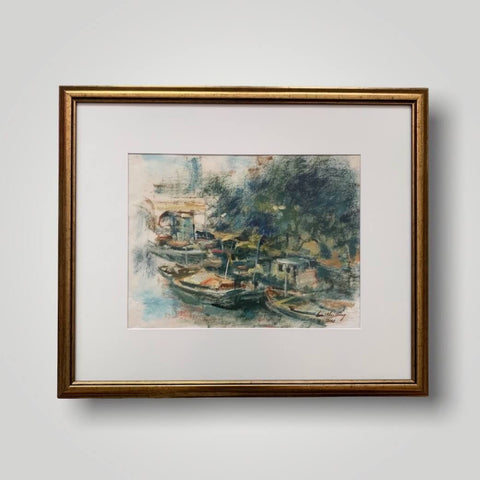 Oil on paper painting of a morning misty scene of boats on a river by Singapore artist Low Hai Hong.