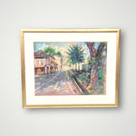 Pastel painting of a road with shophouses and trees on the side.