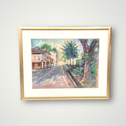 Pastel painting of a road with shophouses and trees on the side.