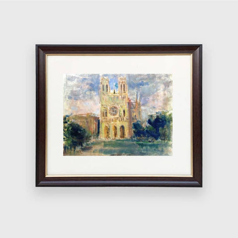 Notre-Dam Cathedral is an oil painting of the cathedral bathed in a golden glow.