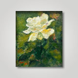 Close up of the oil painting of a single stalk of white rose by Singapore artist Low Hai Hong.