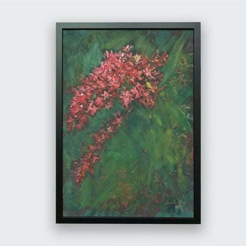 Oil painting of purple orchids against a green background by Singapore artist Low Hai Hong.