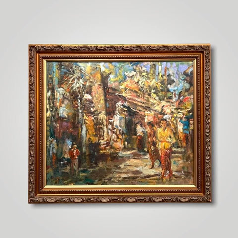 Oil on canvas painting of Bali outside a temple during a temple procession by Singapore artist Low Hai Hong.