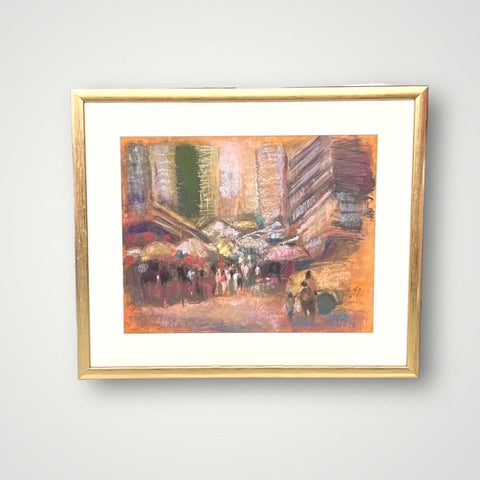 A dreamy painting of stalls with canopies and tall buildings in the background.