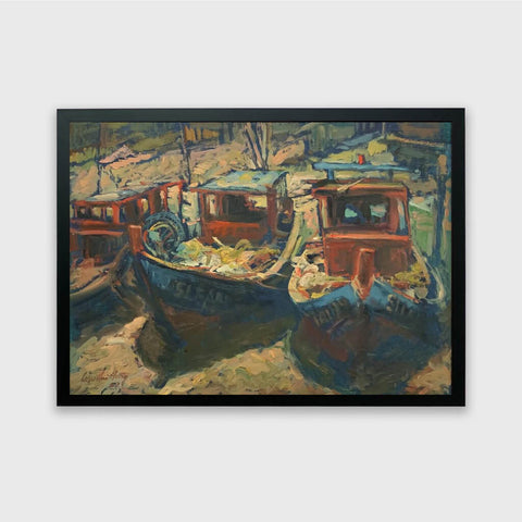 Oil painting of two fishing boats at Pulau Ketam by Singapore artist Low Hai Hong.