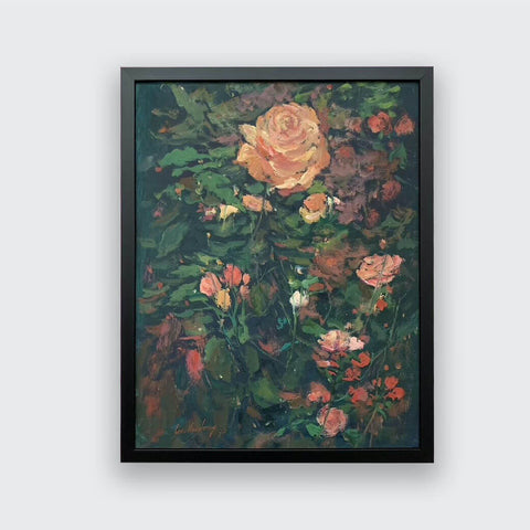 Oil painting of a single rose in the wild by Singapore artist Low Hai Hong.