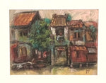 Pastel painting of a row of shophouses in Singapore.