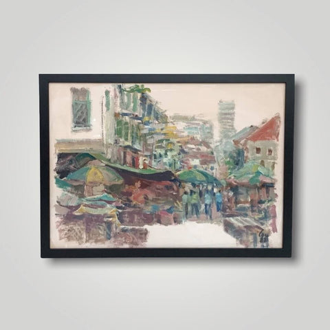 Oil painting of Sungei Road Thieves Market in Singapore by Singapore artist Low Hai Hong. 