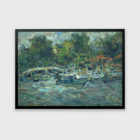 Oil painting of boats at Changi Point in Singapore by Singapore artist Low Hai Hong.