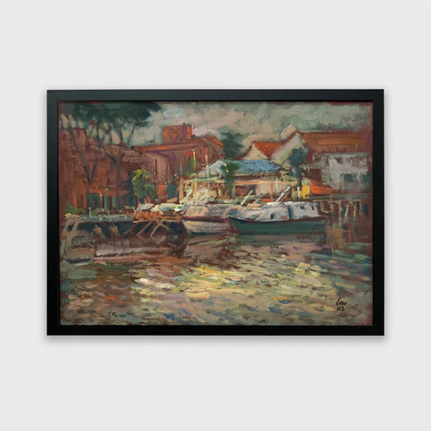 Oil painting of boats on the Malacca River during sunset by Singapore artist Low Hai Hong.