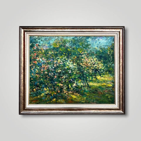 Oil painting of the bougainvillea trees at the Singapore Botanic Gardens by Singapore artist Low Hai Hong. 