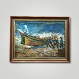The Return is an oil painting of a dramatic scene of fishermen pushing their fishing boat onto shore with huge waves beating against the boat, 