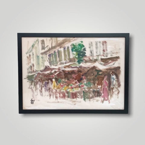 Oil painting of stalls in Chinatown in Singapore by Singapore artist Low Hai Hong.