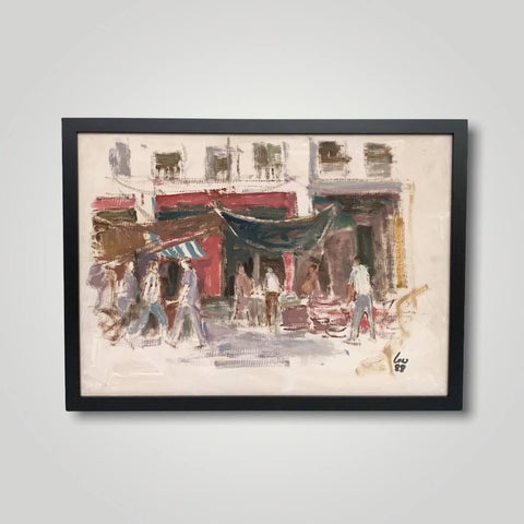 Oil painting of the stalls at Sungei Road Thieves Market by Singapore artist Low Hai Hong. 