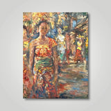 Oil painting of women at a temple procession in Bali by Singapore artist Low Hai Hong.