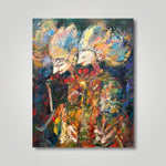 Close up of the wayang kulit puppets oil painting by Singapore artist Low Hai Hong.